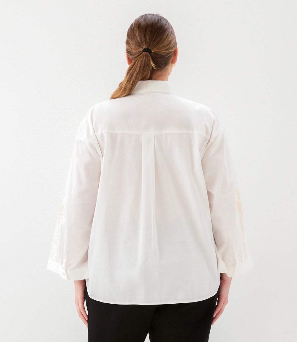 Plus Size Bell Sleeve Embroidered Palm Tree Shirt