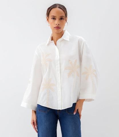 Bell Sleeve Embroidered Palm Tree Shirt