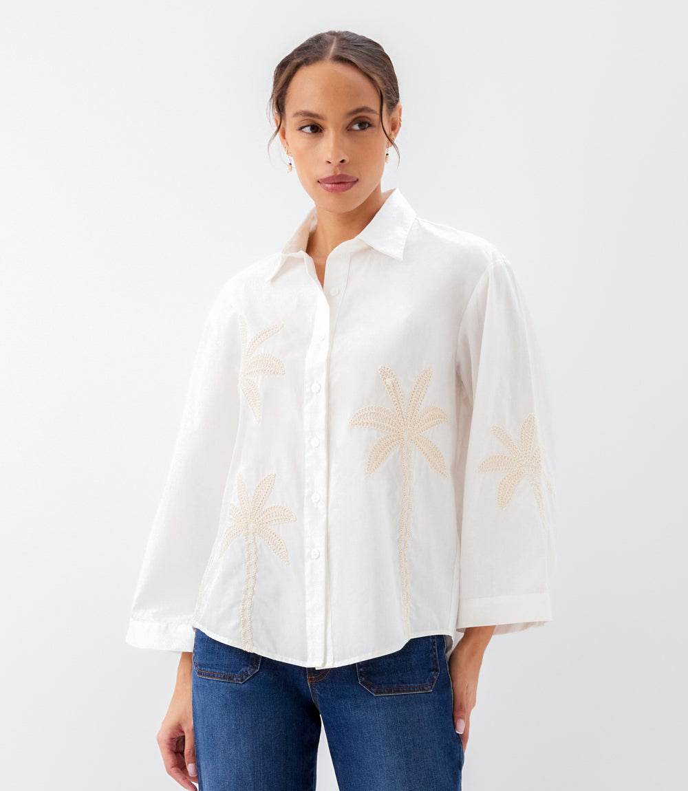 Bell Sleeve Embroidered Palm Tree Shirt