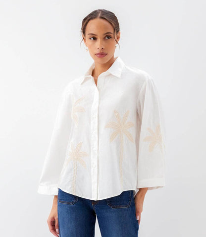 Bell Sleeve Embroidered Palm Tree Shirt