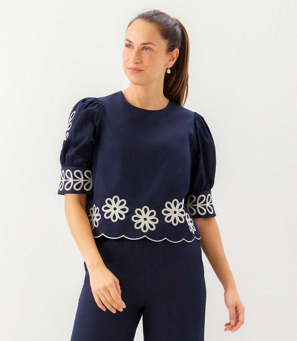 Petite Size Embroidered Blouson Sleeve Scallop Top