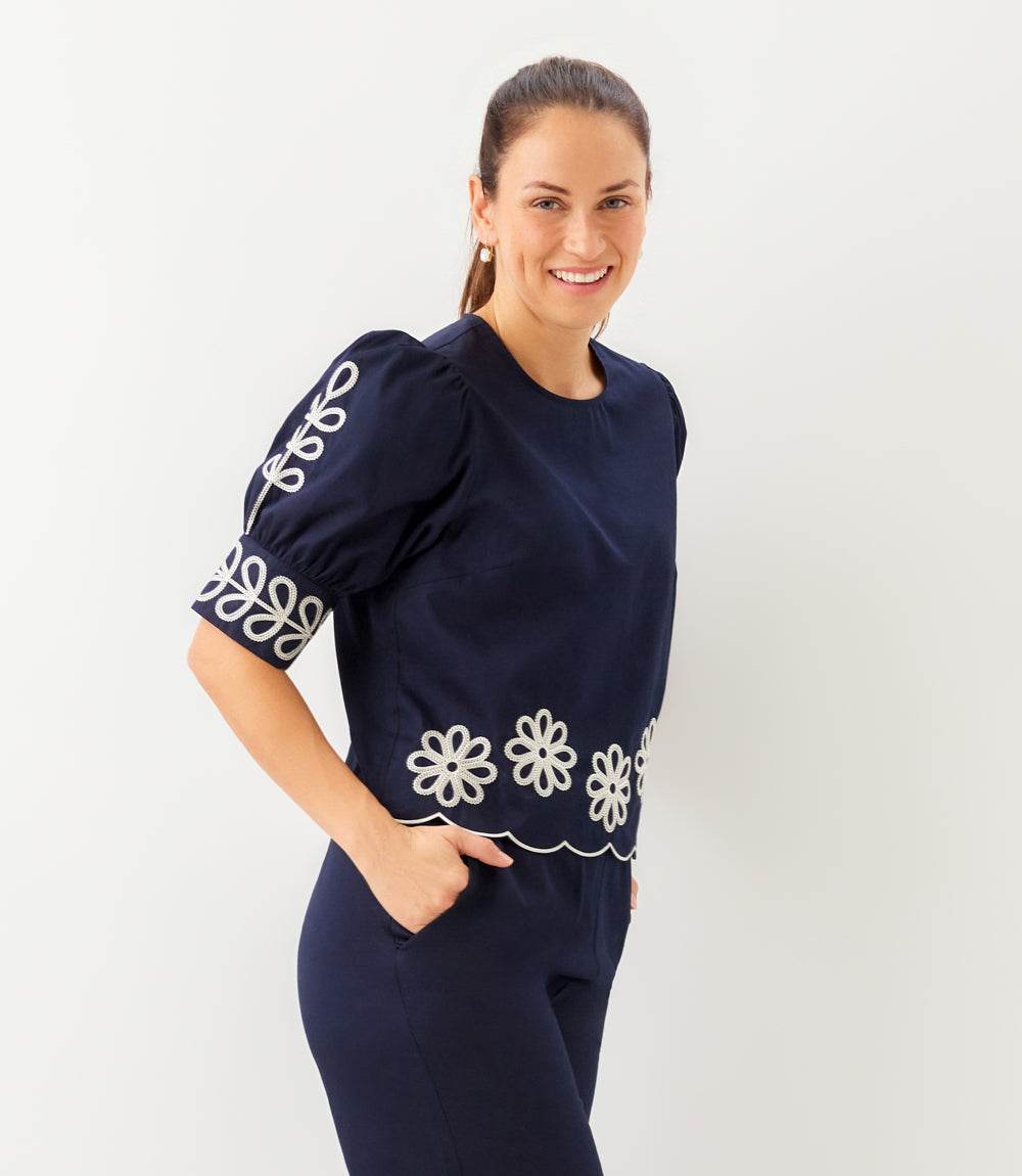 Embroidered Blouson Sleeve Scallop Top