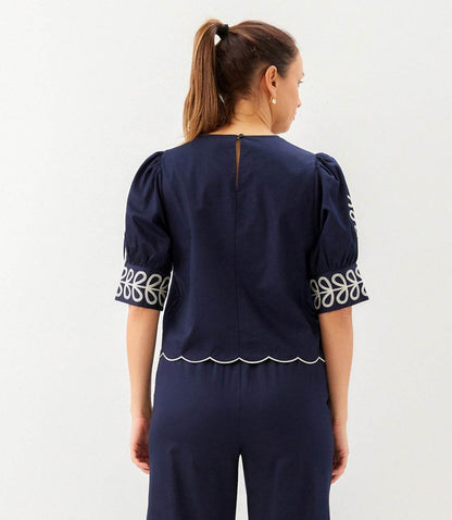 Petite Size Embroidered Blouson Sleeve Scallop Top