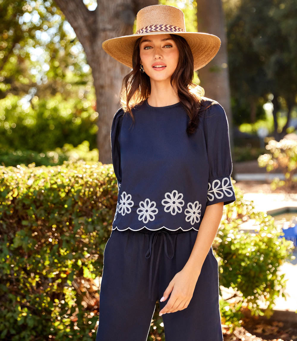 Petite Size Embroidered Blouson Sleeve Scallop Top