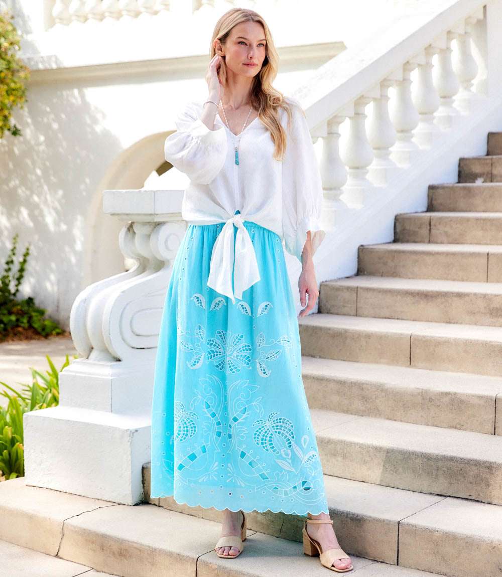 Cut-Out Embroidery Midi Skirt