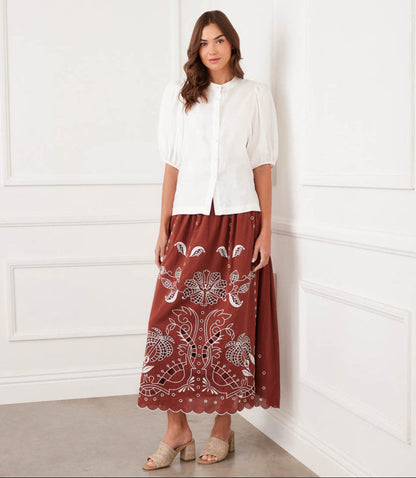 Cut-Out Embroidery Midi Skirt