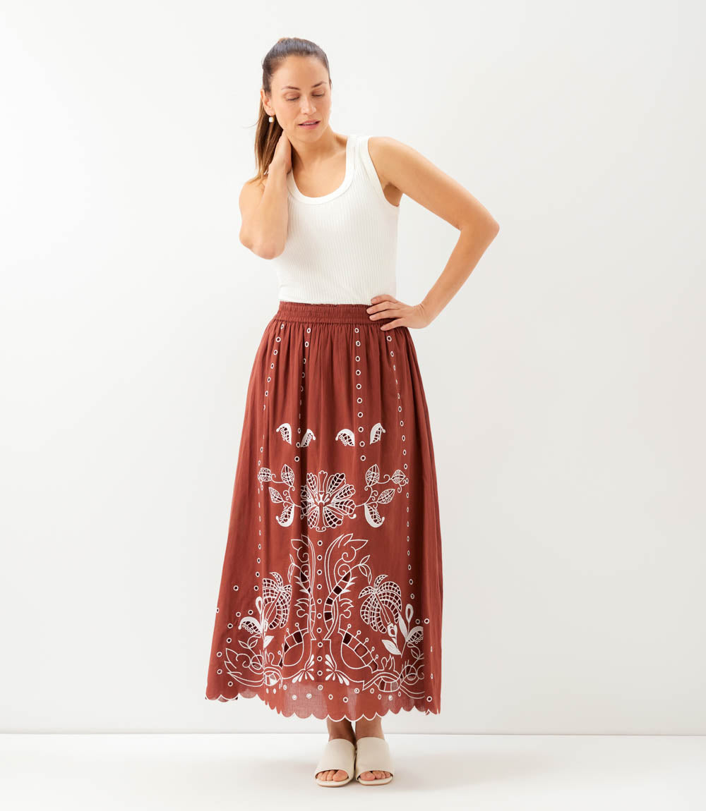 Cut-Out Embroidery Midi Skirt