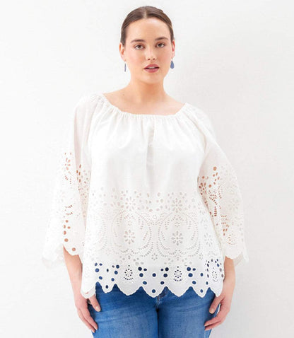 Plus Size Cutout Embroidery Flare Sleeve Peasant Top