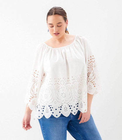 Plus Size Cutout Embroidery Flare Sleeve Peasant Top