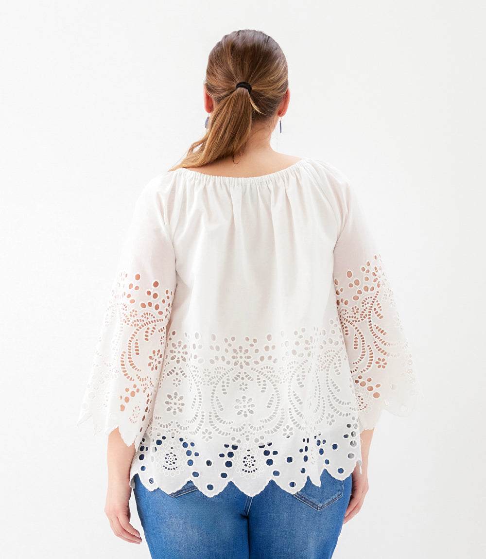 Plus Size Cutout Embroidery Flare Sleeve Peasant Top
