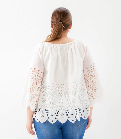 Plus Size Cutout Embroidery Flare Sleeve Peasant Top