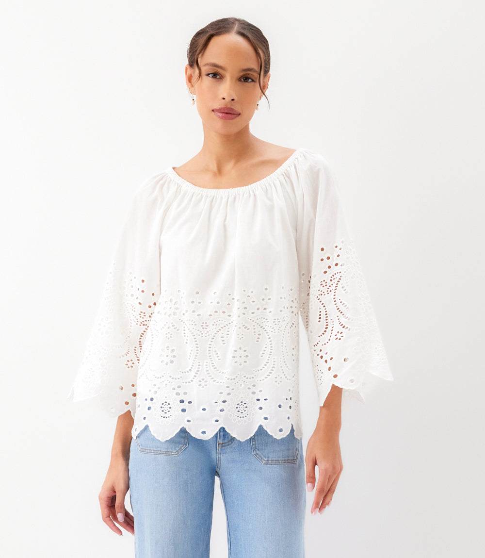 Cut-Out Embroidery Flare Sleeve Peasant Top