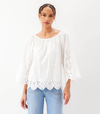 Cut-Out Embroidery Flare Sleeve Peasant Top