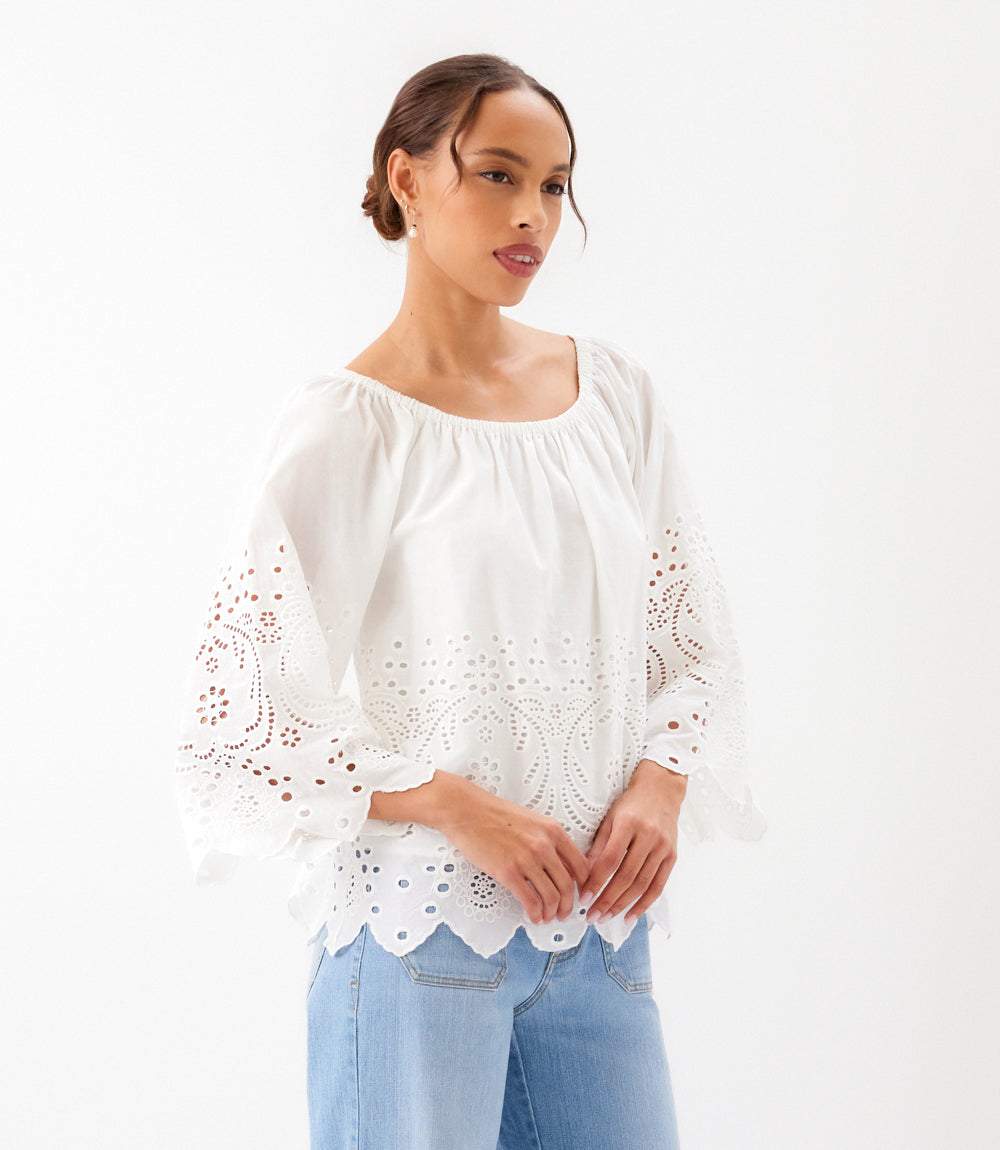 Cut-Out Embroidery Flare Sleeve Peasant Top