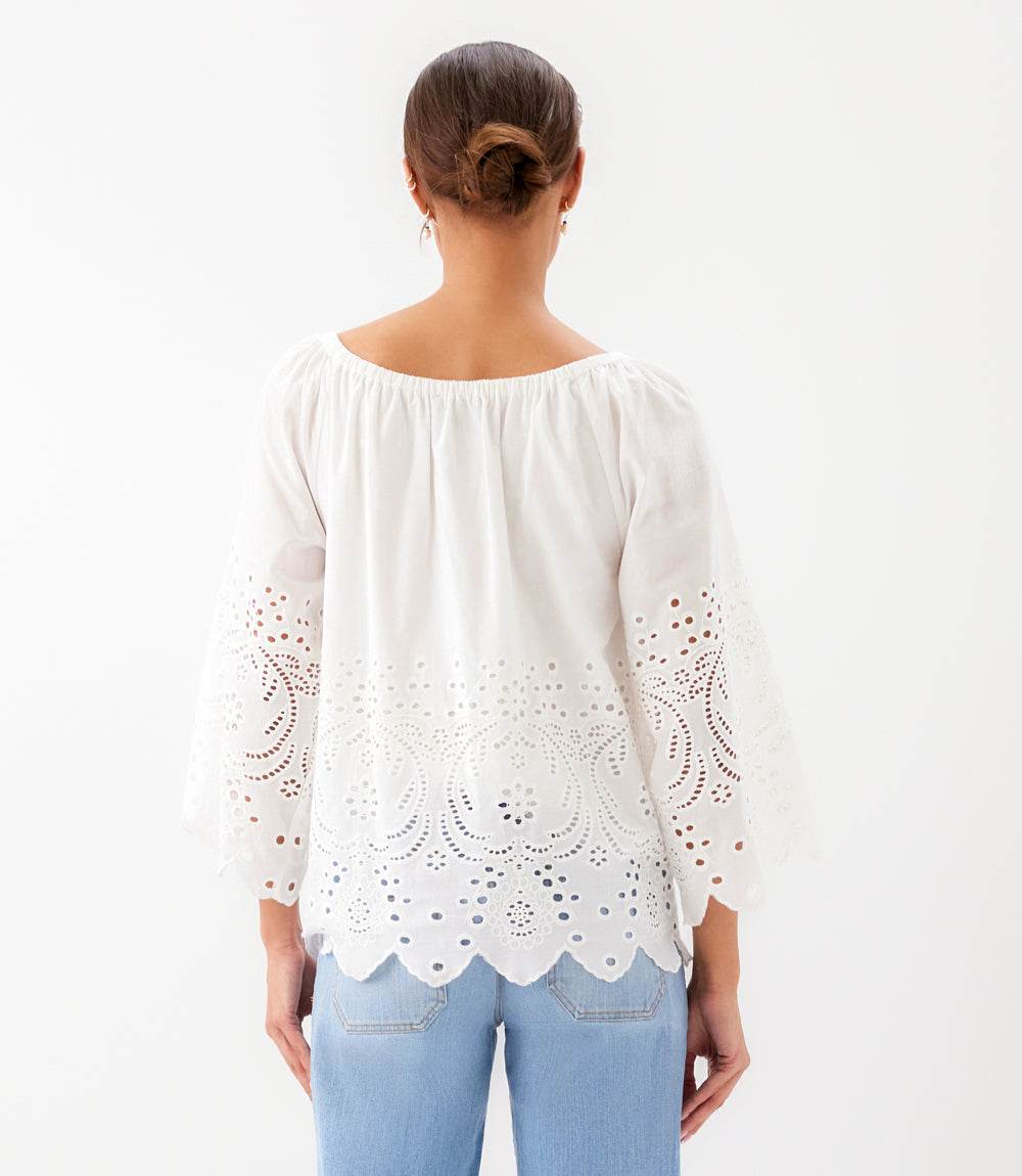 Cut-Out Embroidery Flare Sleeve Peasant Top