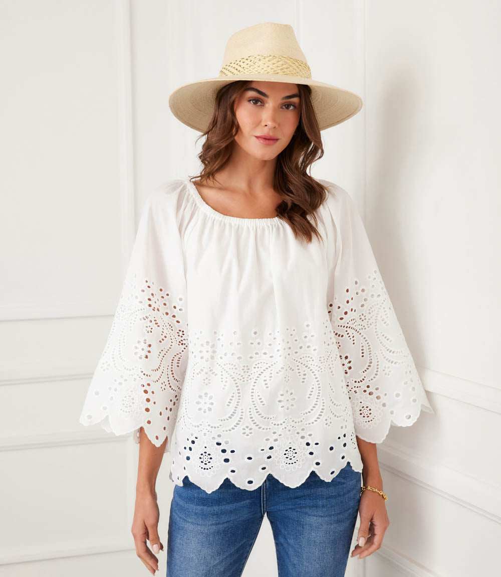 Cut-Out Embroidery Flare Sleeve Peasant Top