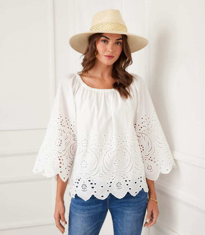 Cut-Out Embroidery Flare Sleeve Peasant Top