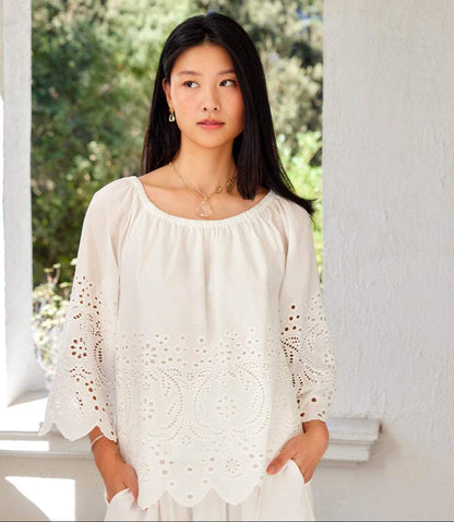 Cut-Out Embroidery Flare Sleeve Peasant Top