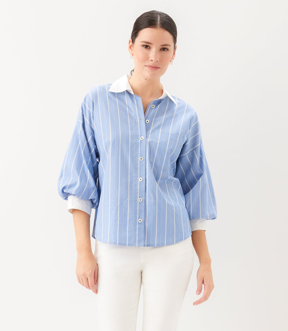 Petite Size Stripe Lantern Sleeve Button-Up Shirt