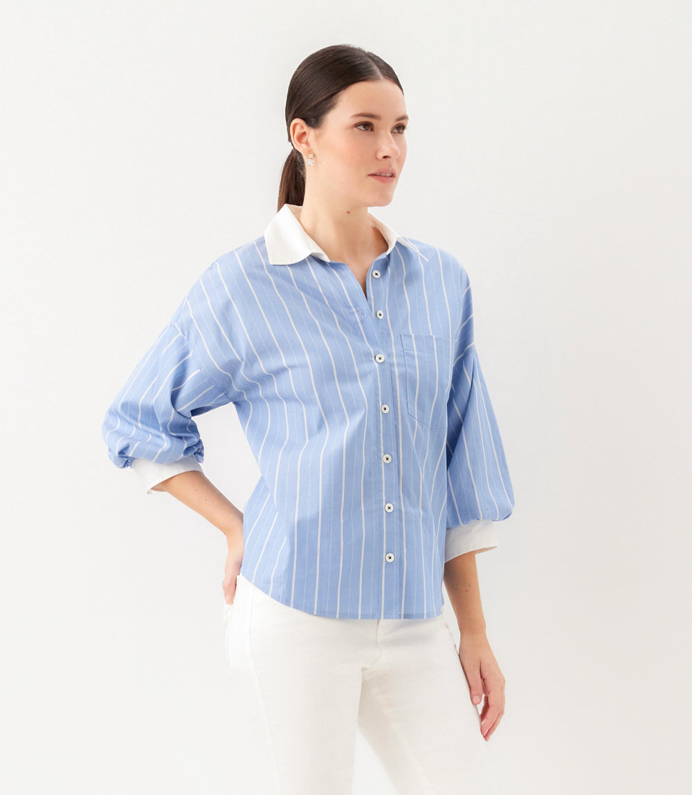 Petite Size Stripe Lantern Sleeve Button-Up Shirt