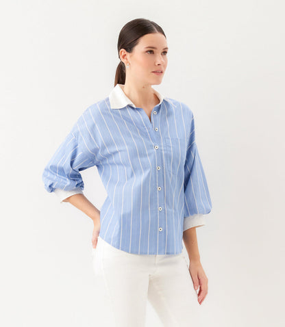 Petite Size Stripe Lantern Sleeve Button-Up Shirt