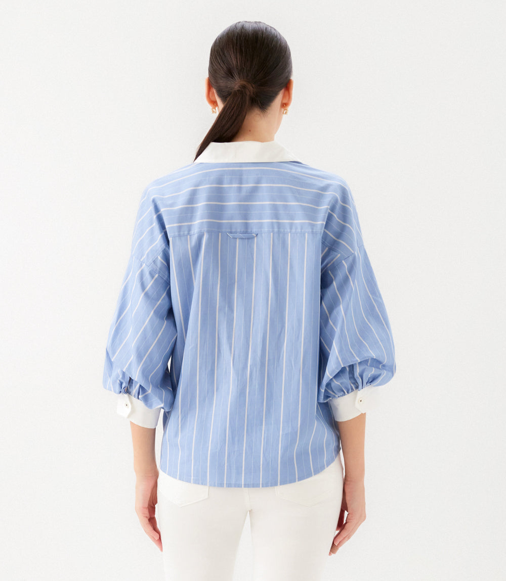 Petite Size Stripe Lantern Sleeve Button-Up Shirt