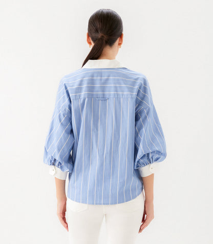 Petite Size Stripe Lantern Sleeve Button-Up Shirt