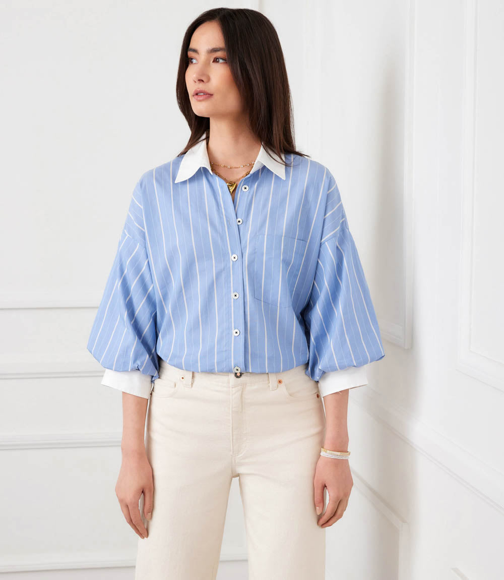 Petite Size Stripe Lantern Sleeve Button-Up Shirt