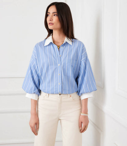 Petite Size Stripe Lantern Sleeve Button-Up Shirt