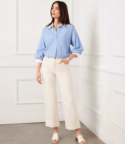 Petite Size Stripe Lantern Sleeve Button-Up Shirt