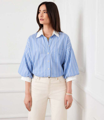 Stripe Lantern Sleeve Button-Up Shirt