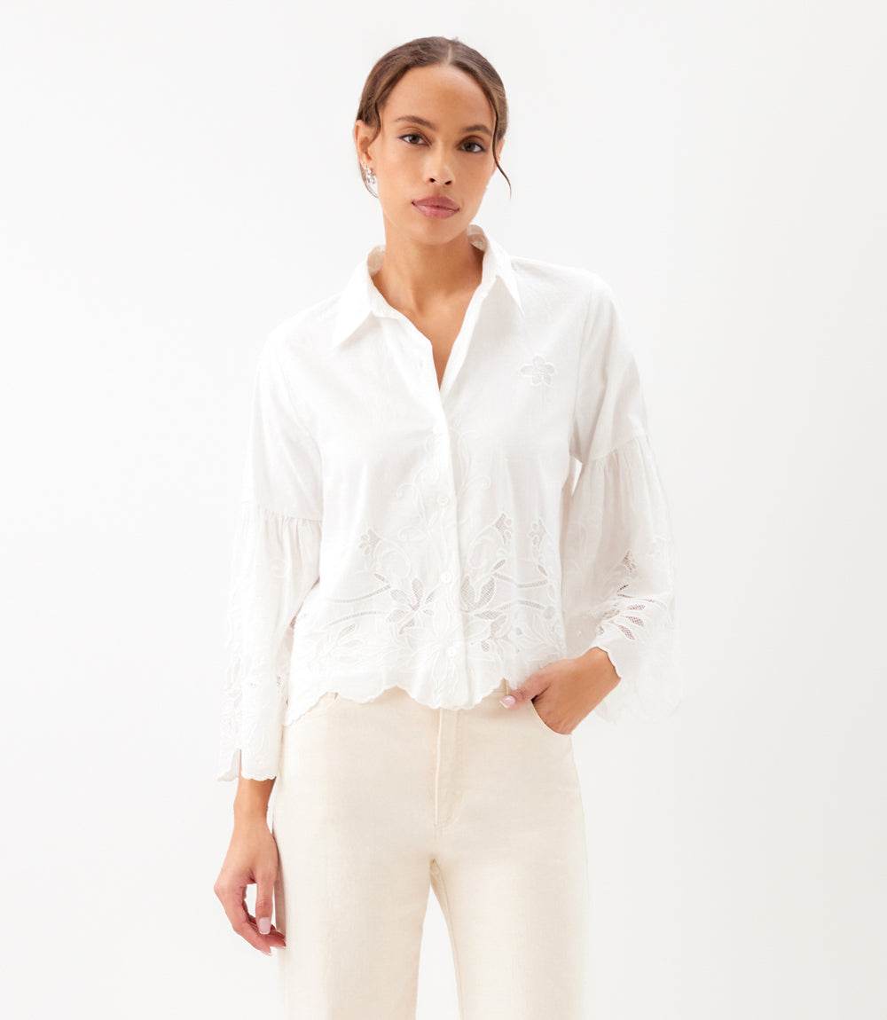 Embroidered Bell Sleeve Button Front Blouse
