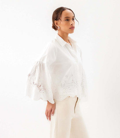Embroidered Bell Sleeve Button Front Blouse