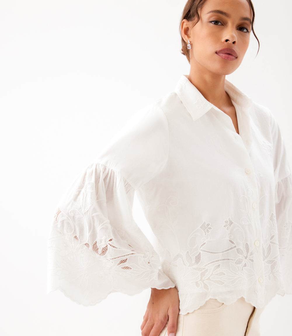 Embroidered Bell Sleeve Button Front Blouse
