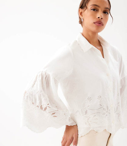 Embroidered Bell Sleeve Button Front Blouse