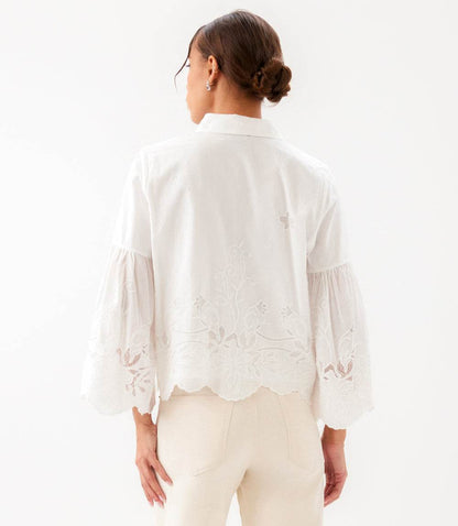 Embroidered Bell Sleeve Button Front Blouse