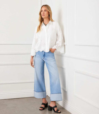 Embroidered Bell Sleeve Button Front Blouse