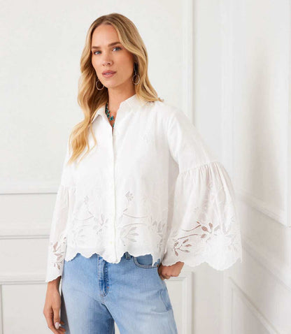 Embroidered Bell Sleeve Button Front Blouse