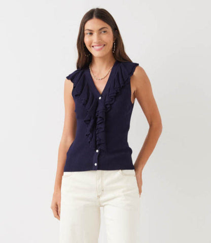 Sleeveless Ruffle V-Neck Sweater