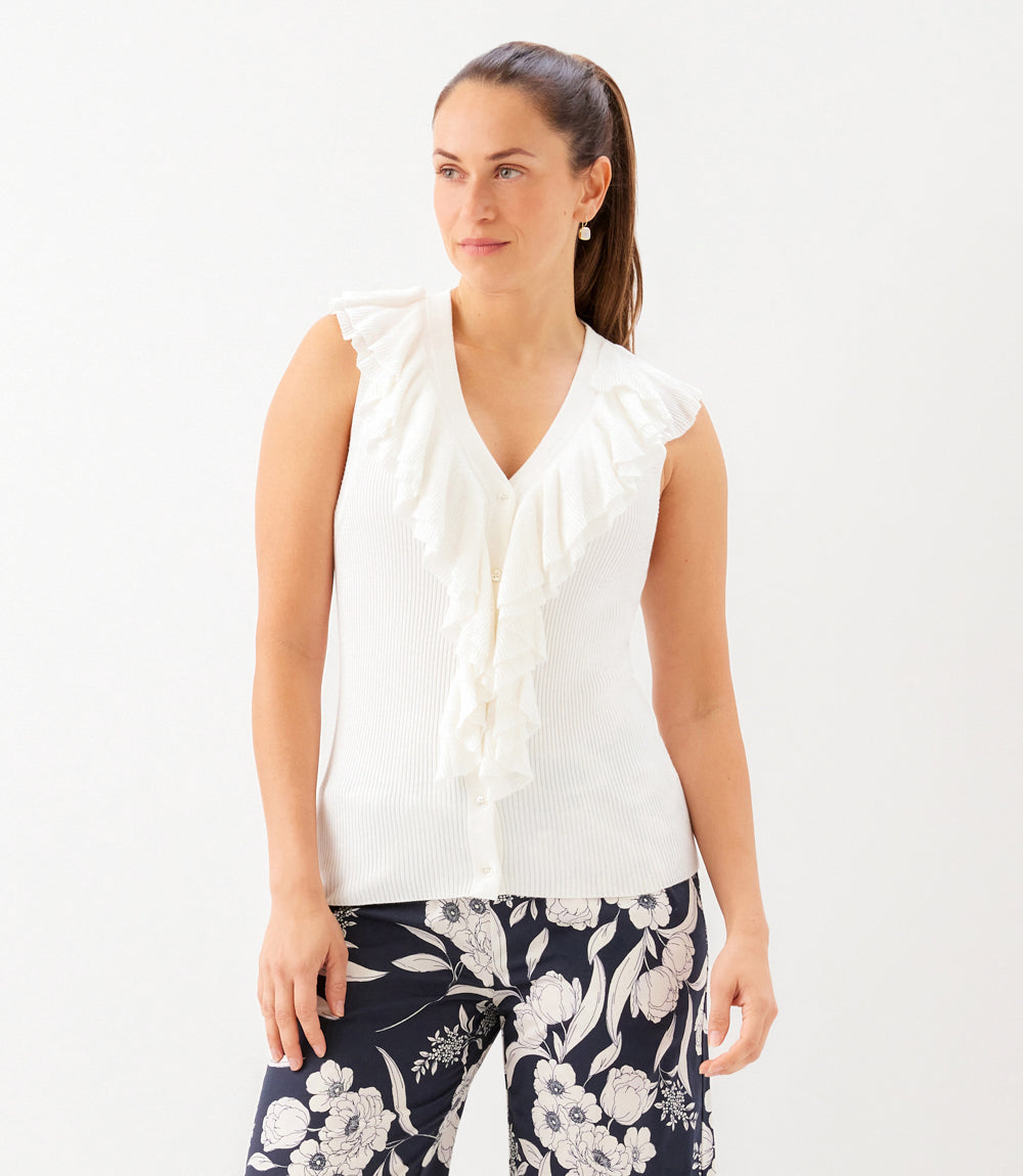 Sleeveless Ruffle V-Neck Sweater