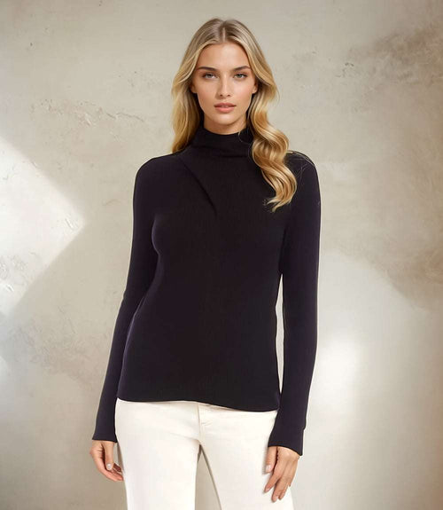 Ribbed Faux Wrap Turtleneck Top