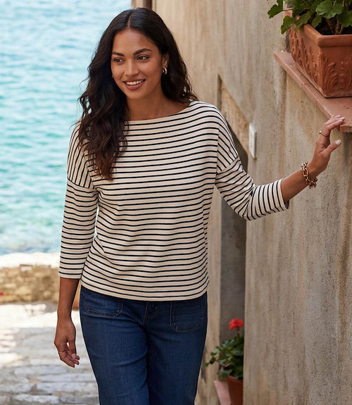 Stripe 3/4 Sleeve Boatneck Top
