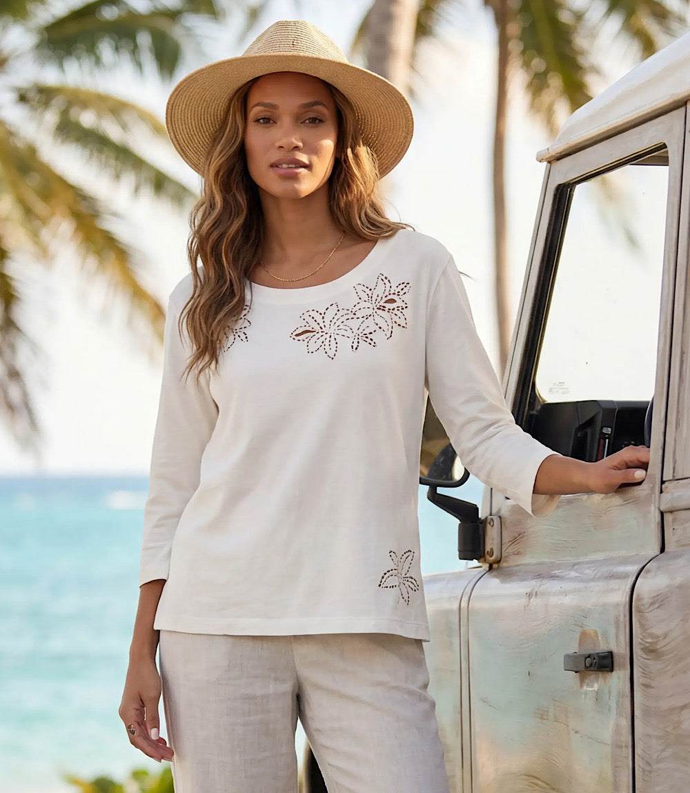 3/4 Sleeve Embroidered Cut-Out Boatneck Top