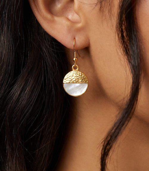 Pearl And Hammered Gold Disc Earrings