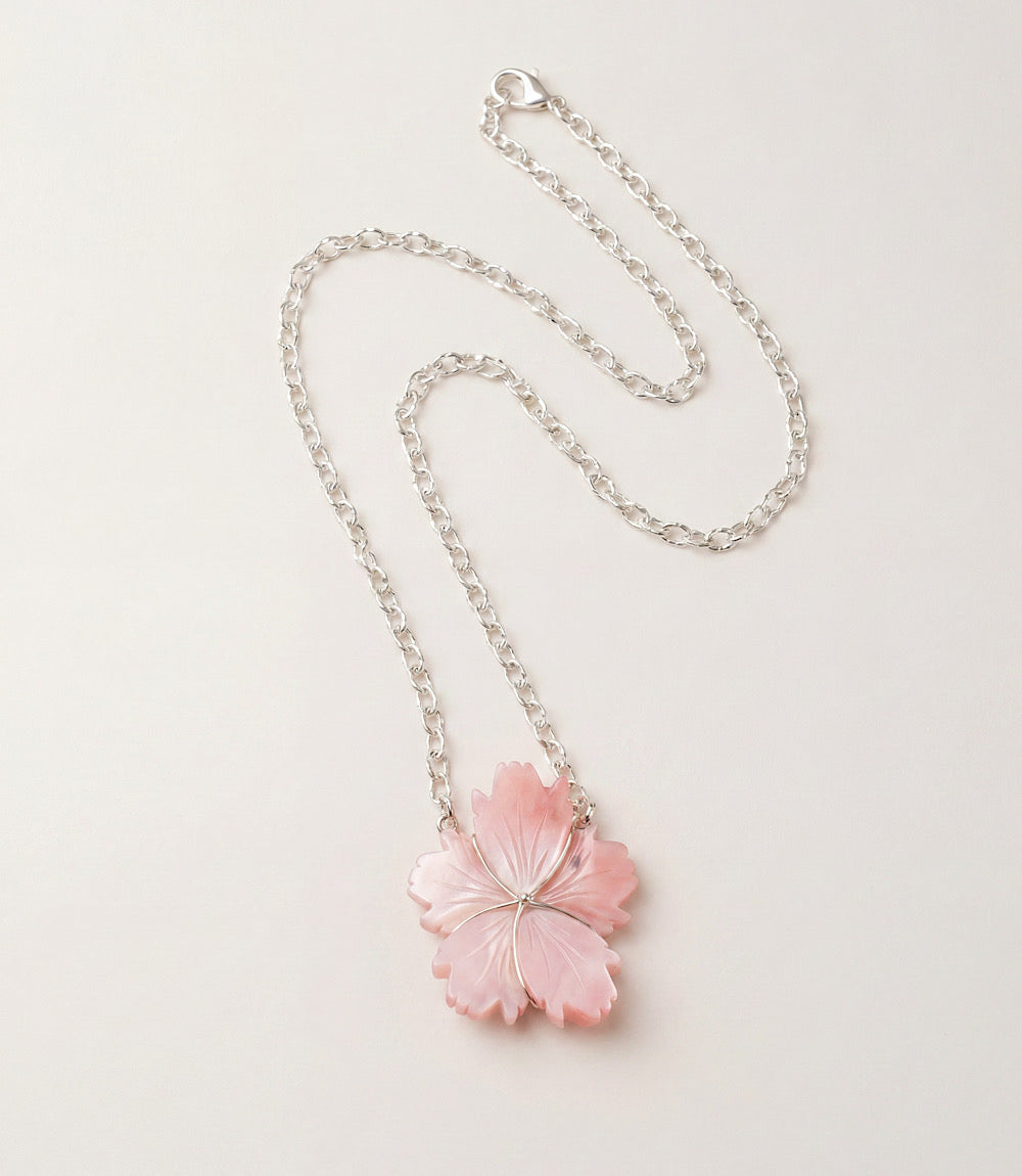 Carved Pink Conch Flower Pendant Necklace