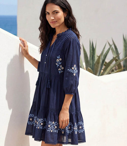 Blouson Sleeve Embroidered Lace Trim Tiered Dress