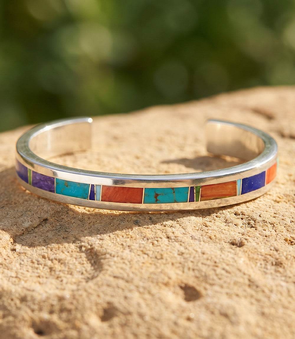 Multistone Inlay Sterling Silver Cuff Bracelet