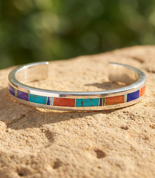 Multistone Inlay Sterling Silver Cuff Bracelet