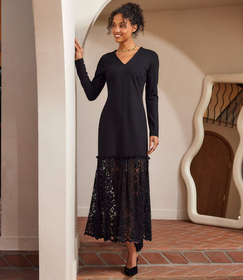 Long Sleeve Contrast Lace V-Neck Column Dress