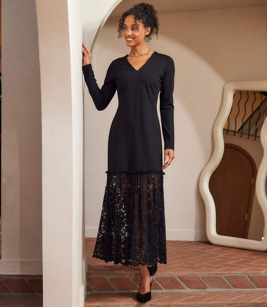 Long Sleeve Contrast Lace V-Neck Column Dress